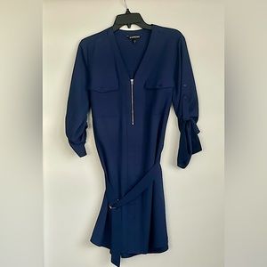 Express Button Down Shirt Dress in Navy with exposed zipper and sash